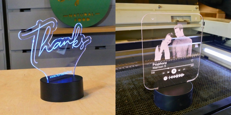 Laser engraving of image and text on these acrylic lamps made with the Atheon CO2 Laser cutter and engraver